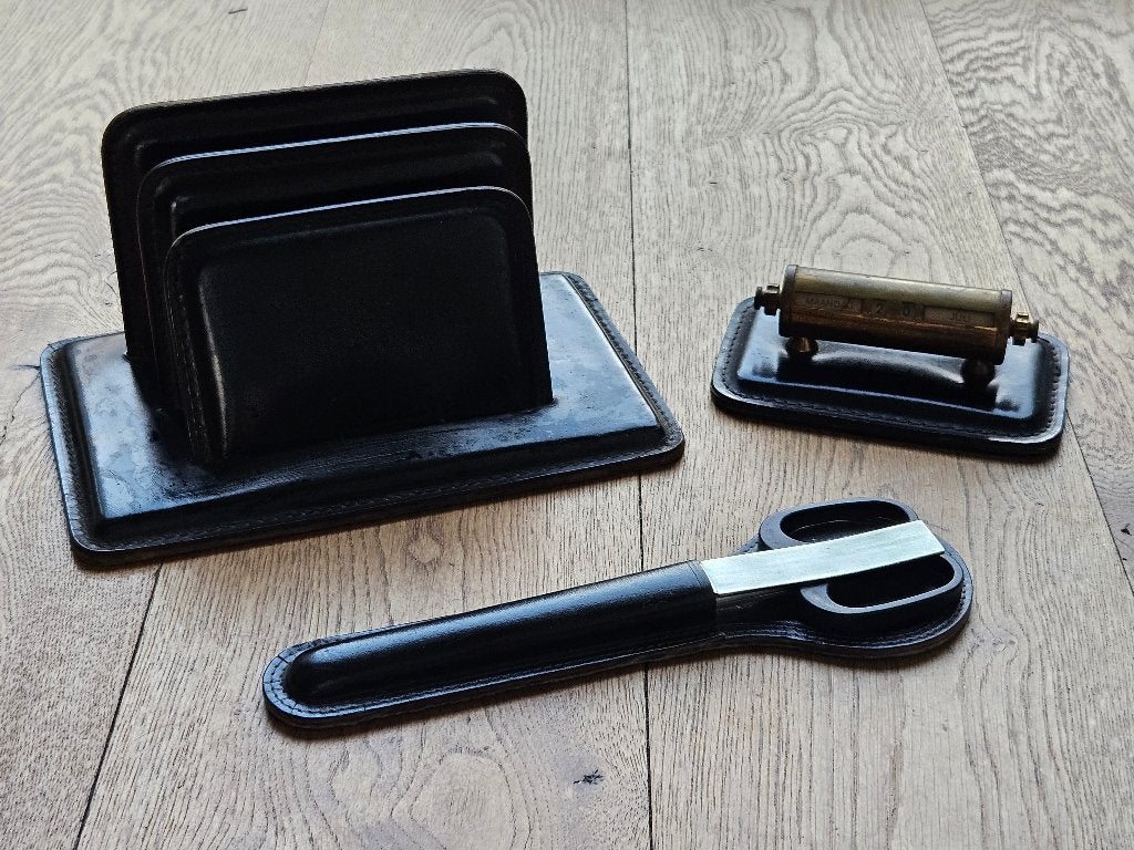 Vintage Bureaubenodigdheden Set - Leer en Messing jaren 1970, Antiek en Kunst, Ophalen of Verzenden