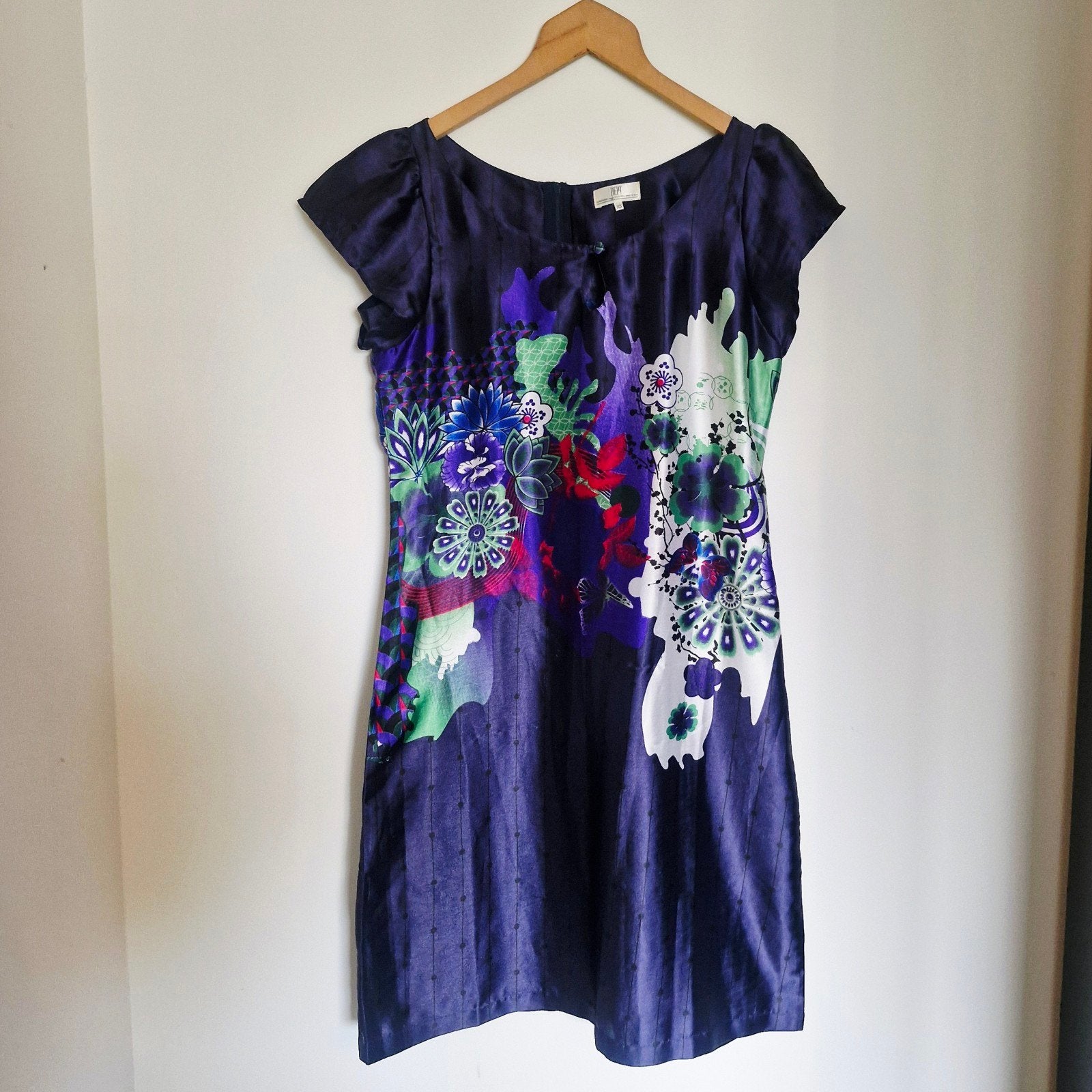 paarse Dept jurk met bloemenprint - Maat XS - feestdagen, Paars, Ophalen of Verzenden, Zo goed als nieuw, Maat 34 (XS) of kleiner
