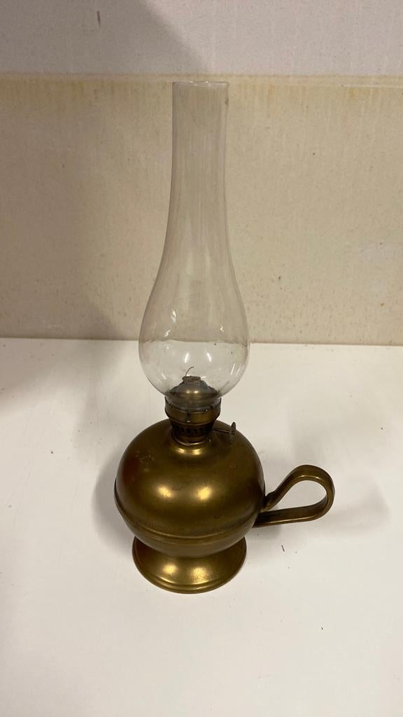 brass oil lamp met glass 33cm, Ophalen of Verzenden