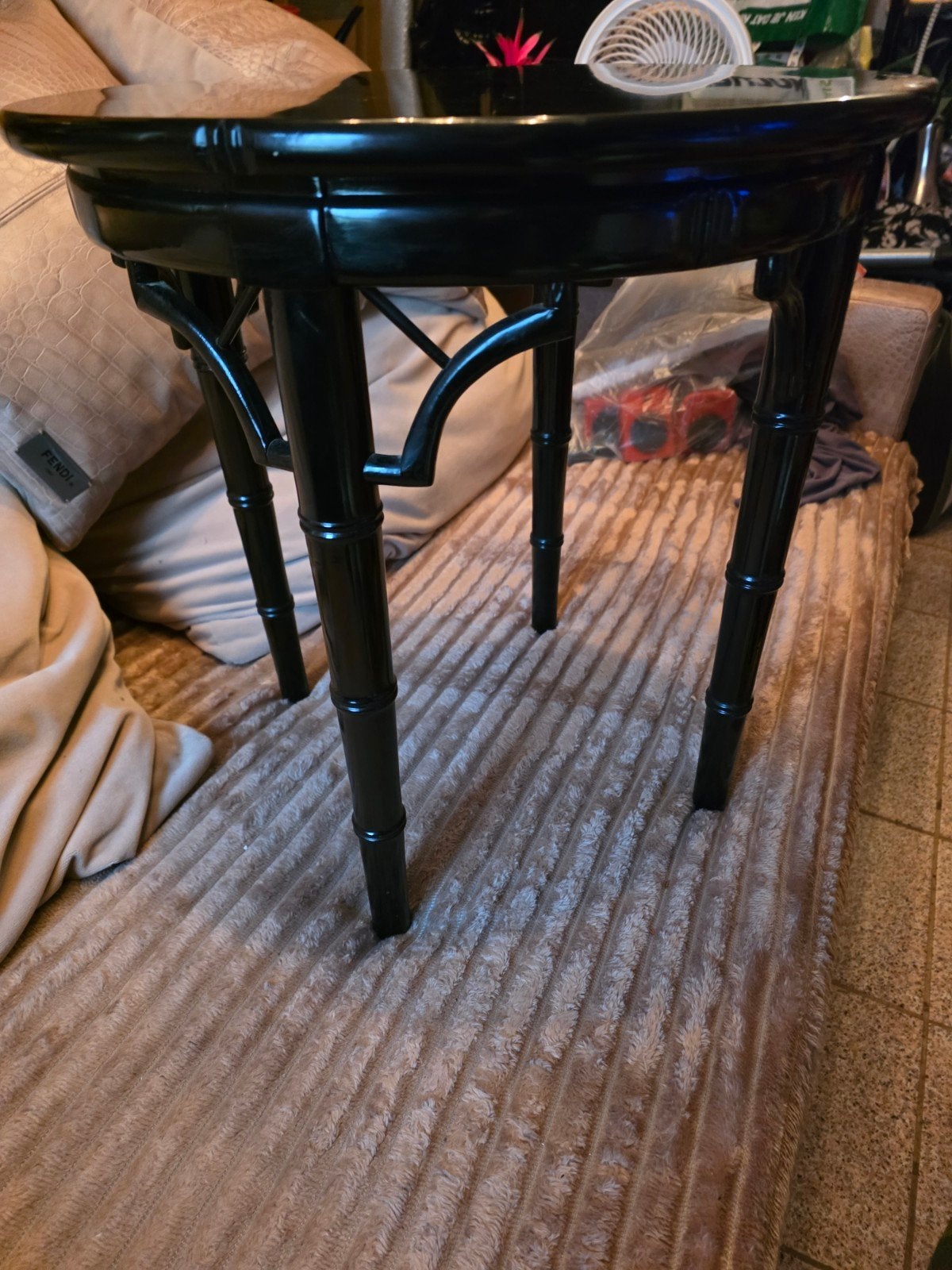 hollywood regency 2 faux bamboe bijzettafels 50 cm doorsnede, Minder dan 55 cm, Gebruikt, Rond, Hout
