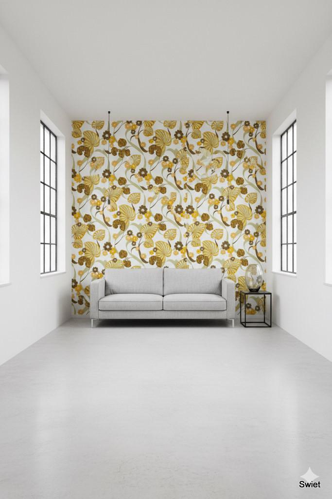 14145 vintage floral behang mosterd khaki oker bruin swiet, Huis en Inrichting, Stoffering | Behang, Verzenden, Minder dan 10 m²