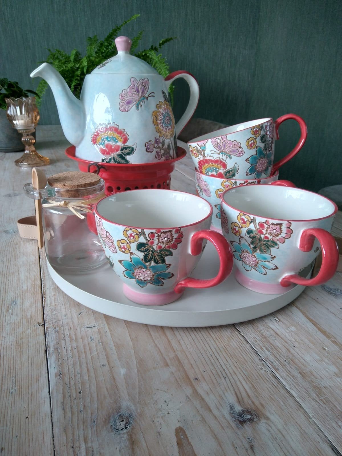 Theeservies met bloemen en vlinders - theepot en 4 mokken, Ophalen, Overige typen, Zo goed als nieuw, Overige stijlen