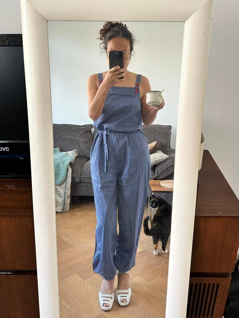 Zomerse Jumpsuit Edith & Ella (xs) blauw met witte polkadots, Ophalen of Verzenden, Zo goed als nieuw, Maat 34 (XS) of kleiner