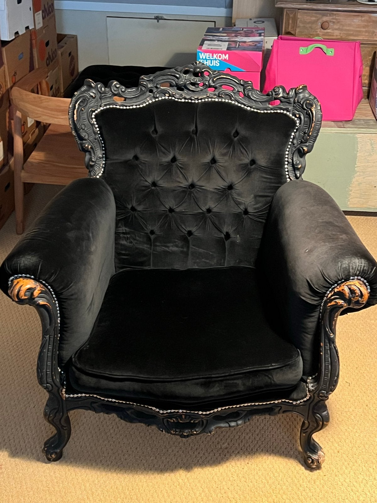 Zwarte barok fauteuil - Elegante en comfortabele stoel, Huis en Inrichting, Ophalen, Gebruikt, Hout, 75 tot 100 cm