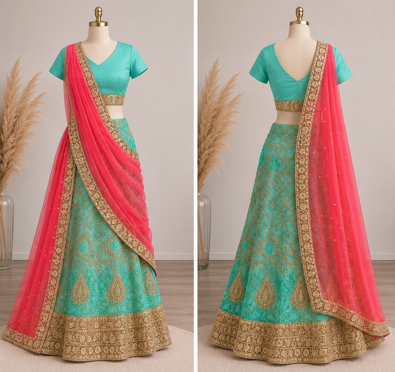 Prachtige Indiase Lehenga Choli - Turquoise & Roze, Ophalen, Meerkleurig, Zo goed als nieuw, Maat 36 (S)