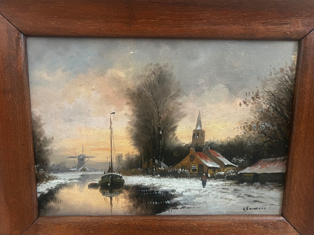 Schilderij Winterlandschap H. Sanders, Antiek en Kunst, Ophalen of Verzenden