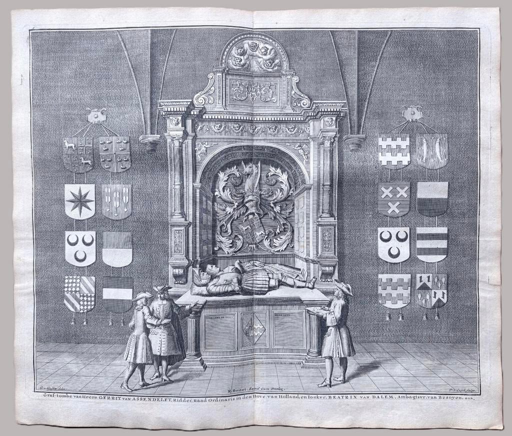 (1730) Grafmonument Gerrit van Assendelft – Reinier Boitet, Antiek en Kunst, 31 cm, Verzenden, Stadsgezicht, Origineel