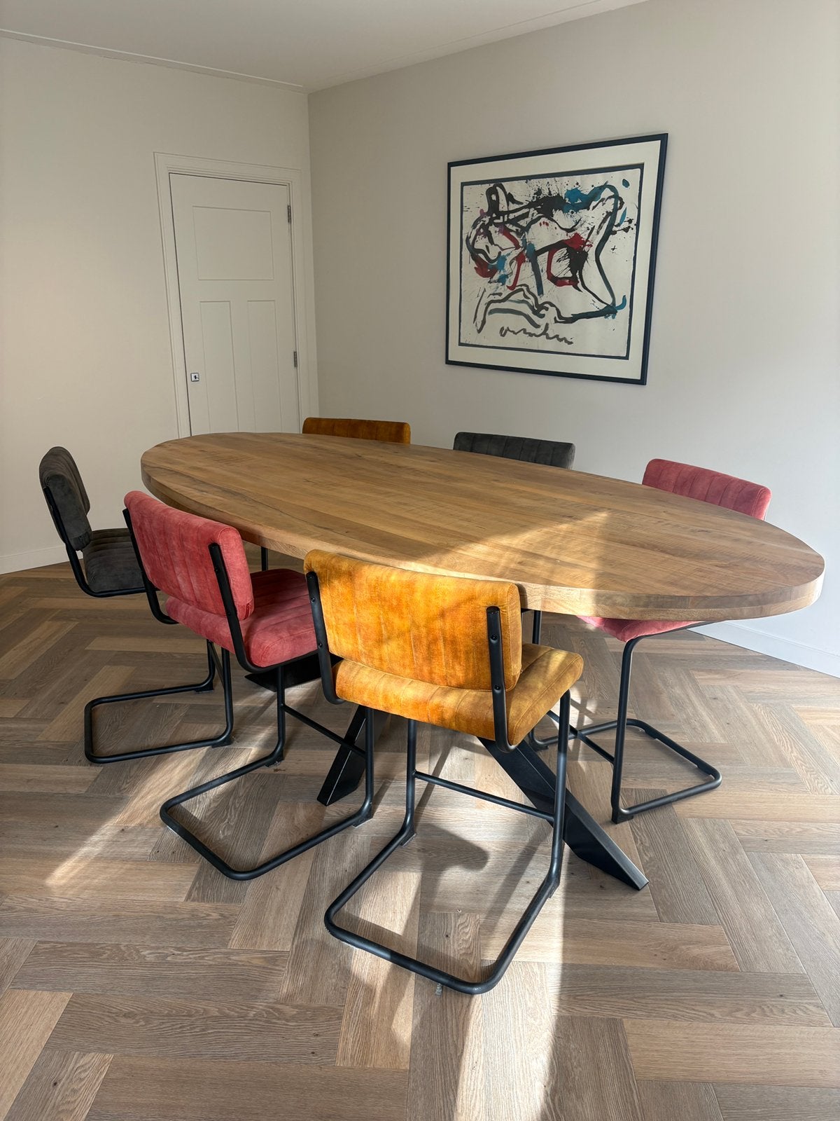 Massief mangohout ovale bartafel met 6 trendy stoelen, Ophalen, 100 tot 150 cm, 200 cm of meer, Zo goed als nieuw