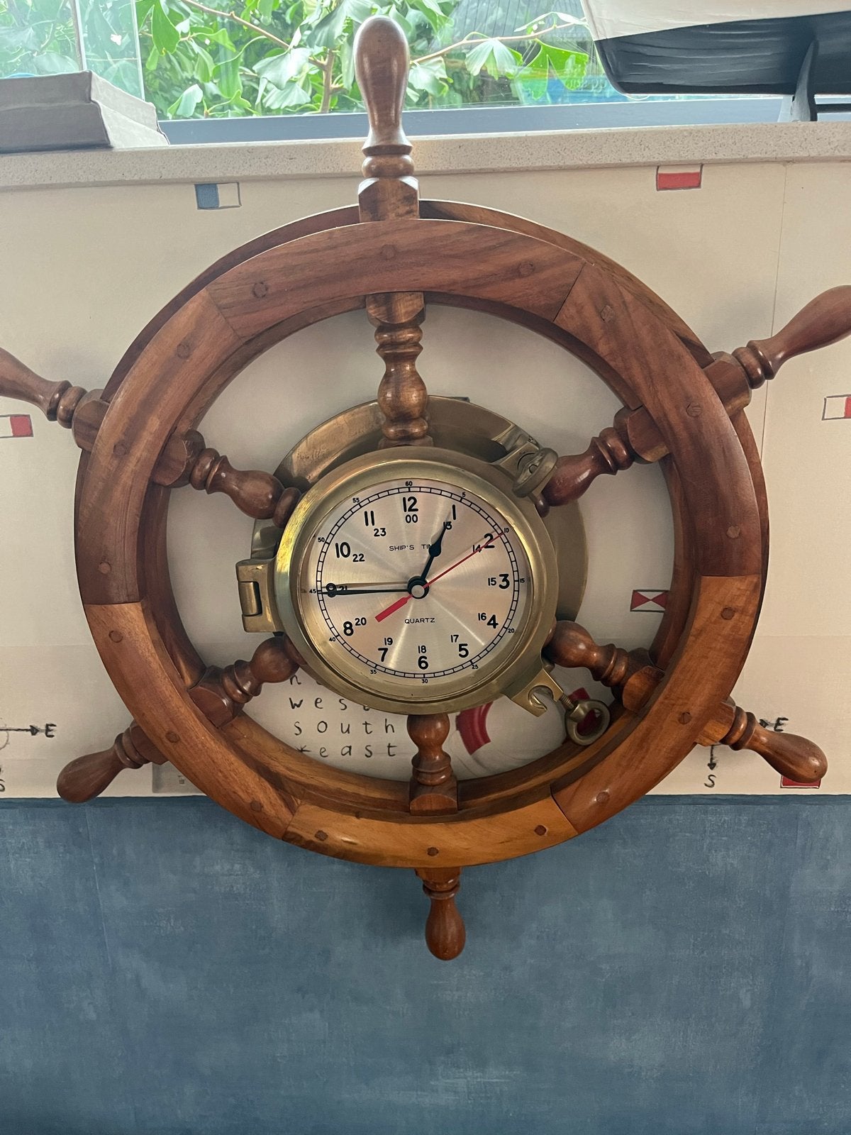 Klassiek Nautisch Klokje in Stuurwiel - Massief Hout & Koper, Ophalen