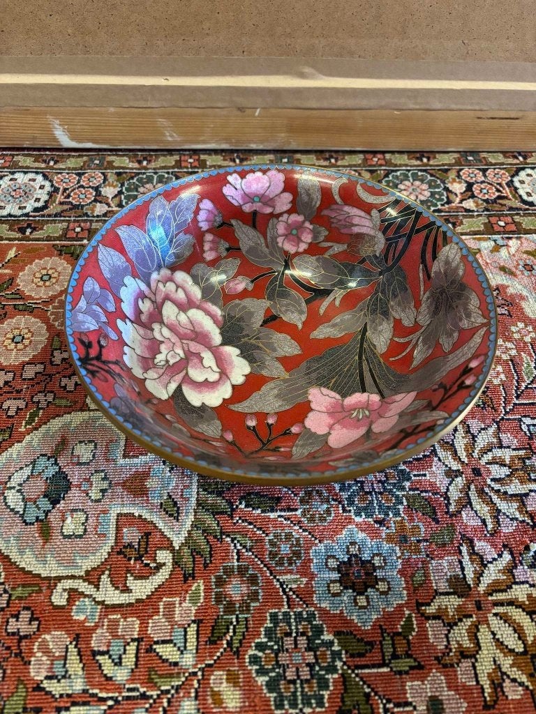 Vintage Chinees cloisonné set: vaas, pot en schaal, rood, Ophalen of Verzenden, China, Vaas, Metaal