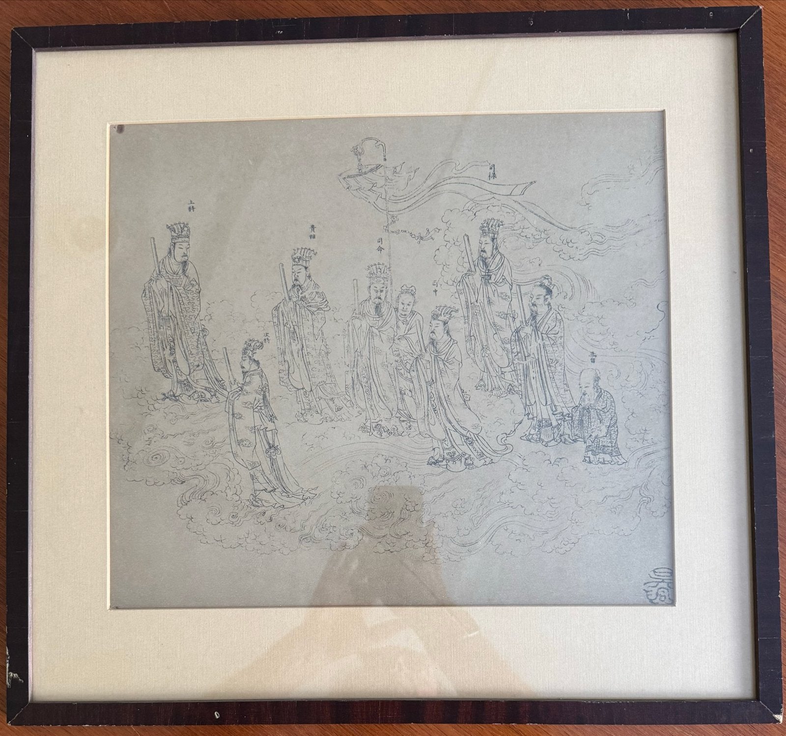 Ingelijste Chinese tekening van goden op wolken, Antiek en Kunst, Schilderij, Handgemaakt, Grijs, Ophalen of Verzenden