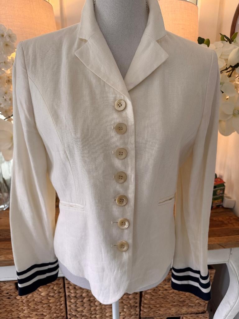 Witte linnen blazer Josephine & Co, 36/S, blauwe strepen., Kleding | Dames, Ophalen of Verzenden, Nieuw, Maat 36 (S), Wit