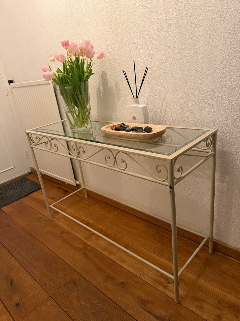 Glazen side table, Huis en Inrichting, Tafels | Sidetables, Gebruikt, 100 tot 150 cm, Glas, Antiek