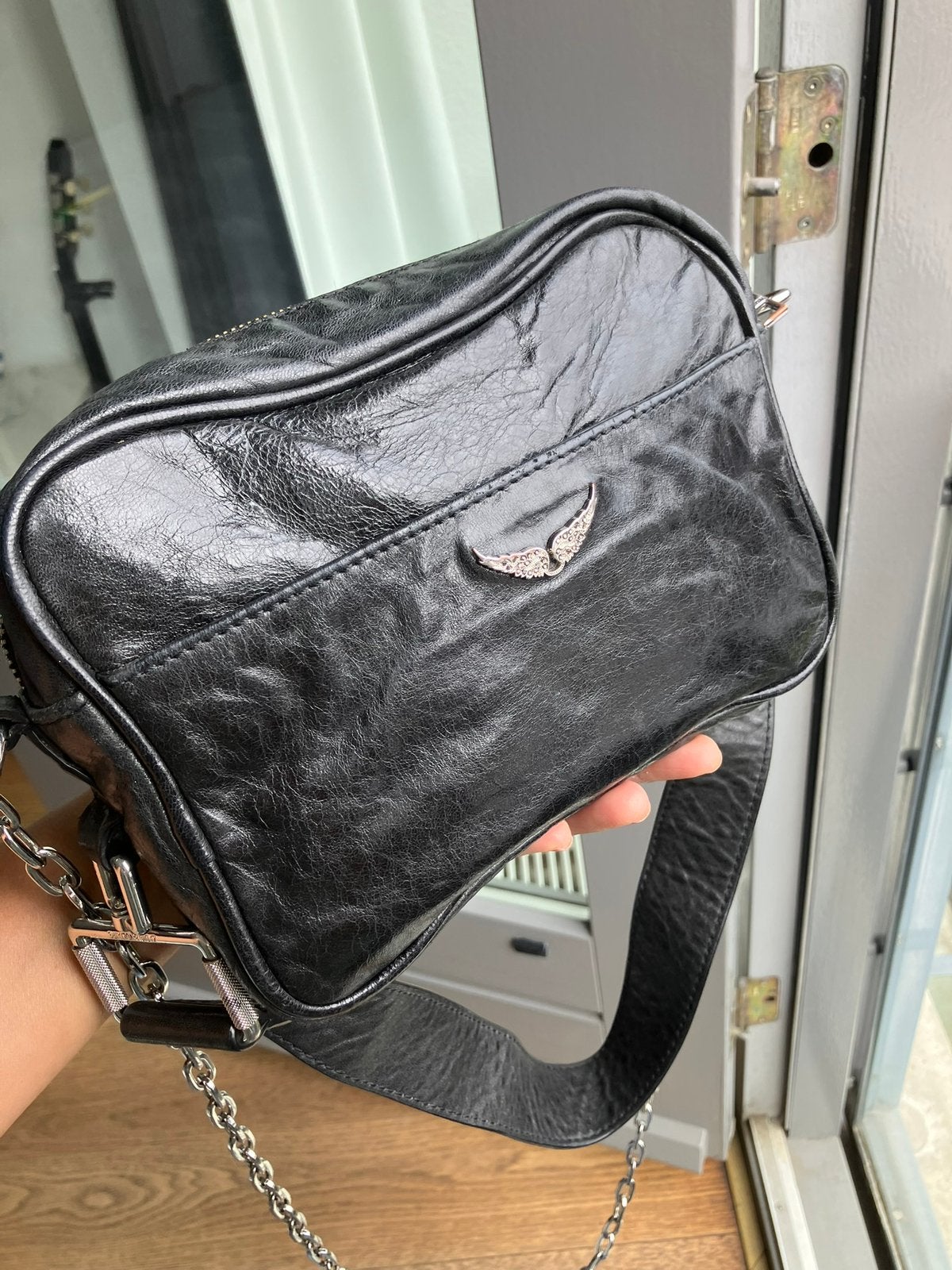 Z&V Black Leather Box Bag with Chain Strap and Wide Handle, Ophalen of Verzenden, Zo goed als nieuw, Zwart, Leer