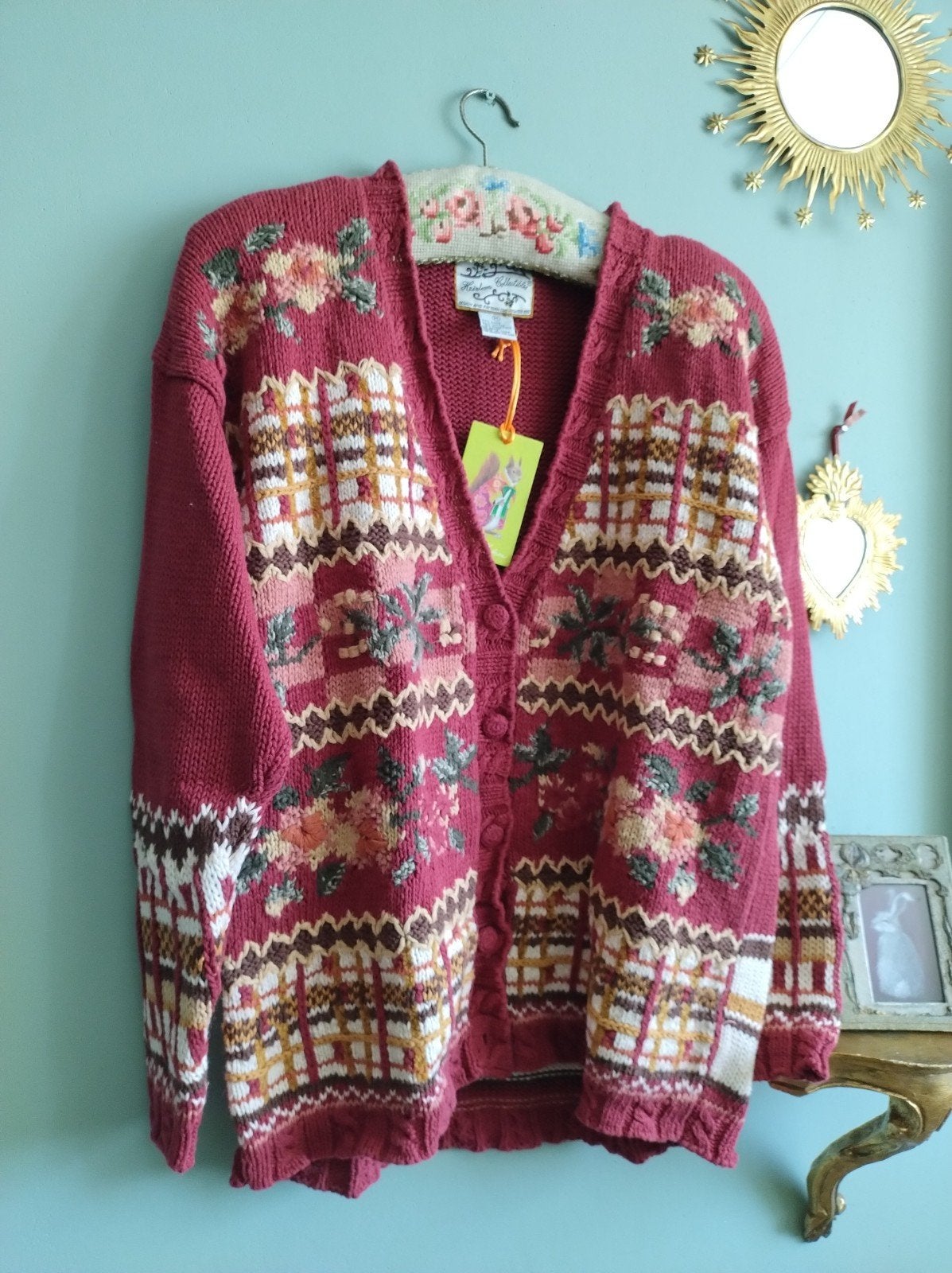 Vintage roze rood Fair Isle katoen cottage vestOostenrijks M, Kleding | Dames, Maat 38/40 (M), Verzenden, Zo goed als nieuw, Vintage