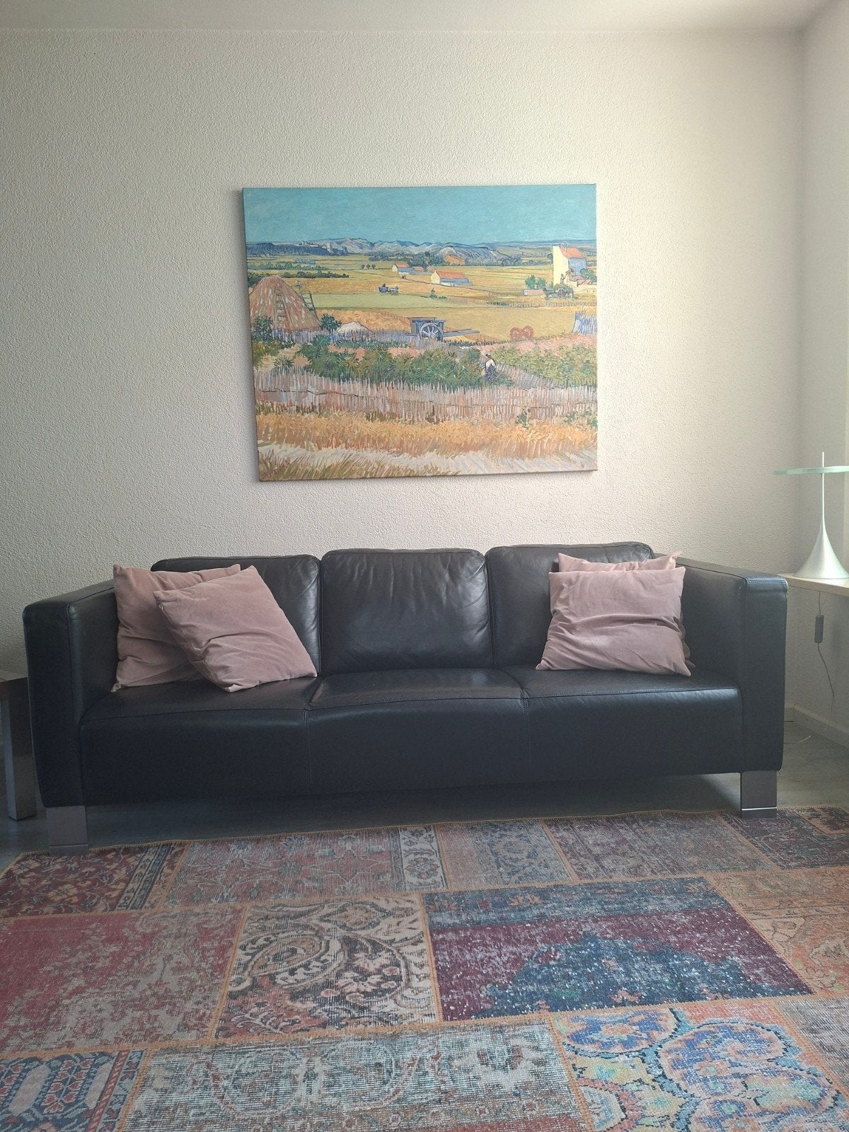 Leren 3-zits bank + hokker, Ophalen, Gebruikt, 75 tot 100 cm, 200 tot 250 cm