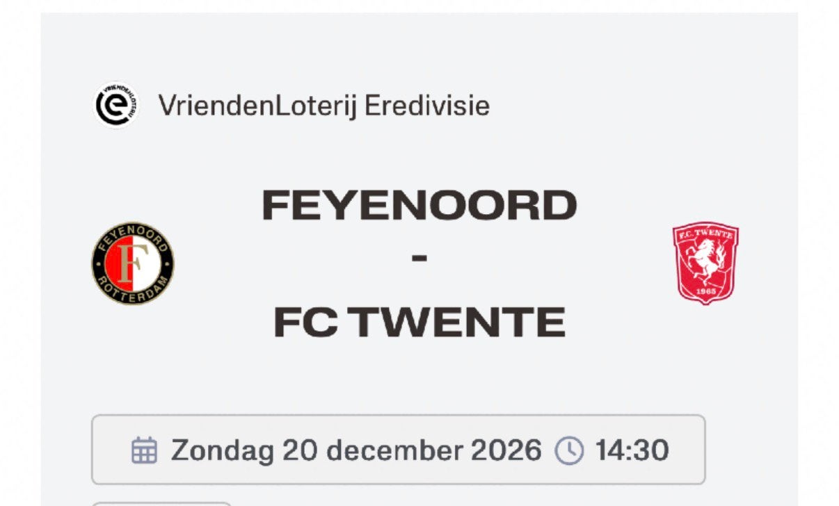 2 kaarten Feyenoord - FC Twente naast elkaar, Twee personen, December