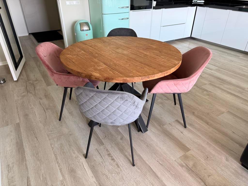 Complete eethoek: ronde tafel (120 cm) met 4 stoelen, Huis en Inrichting, Tafels | Eettafels, Ophalen of Verzenden, Zo goed als nieuw