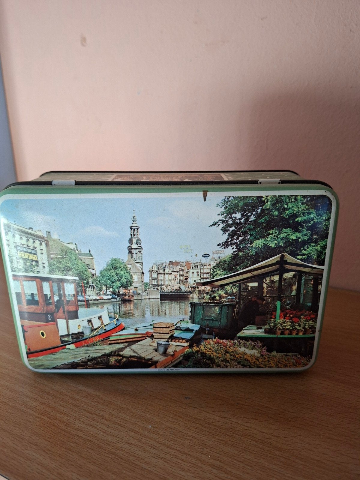 Vintage blikken trommel met Amsterdamse taferelen, Verzamelen, Blikken, Ophalen of Verzenden, Gebruikt, Overige, Overige merken