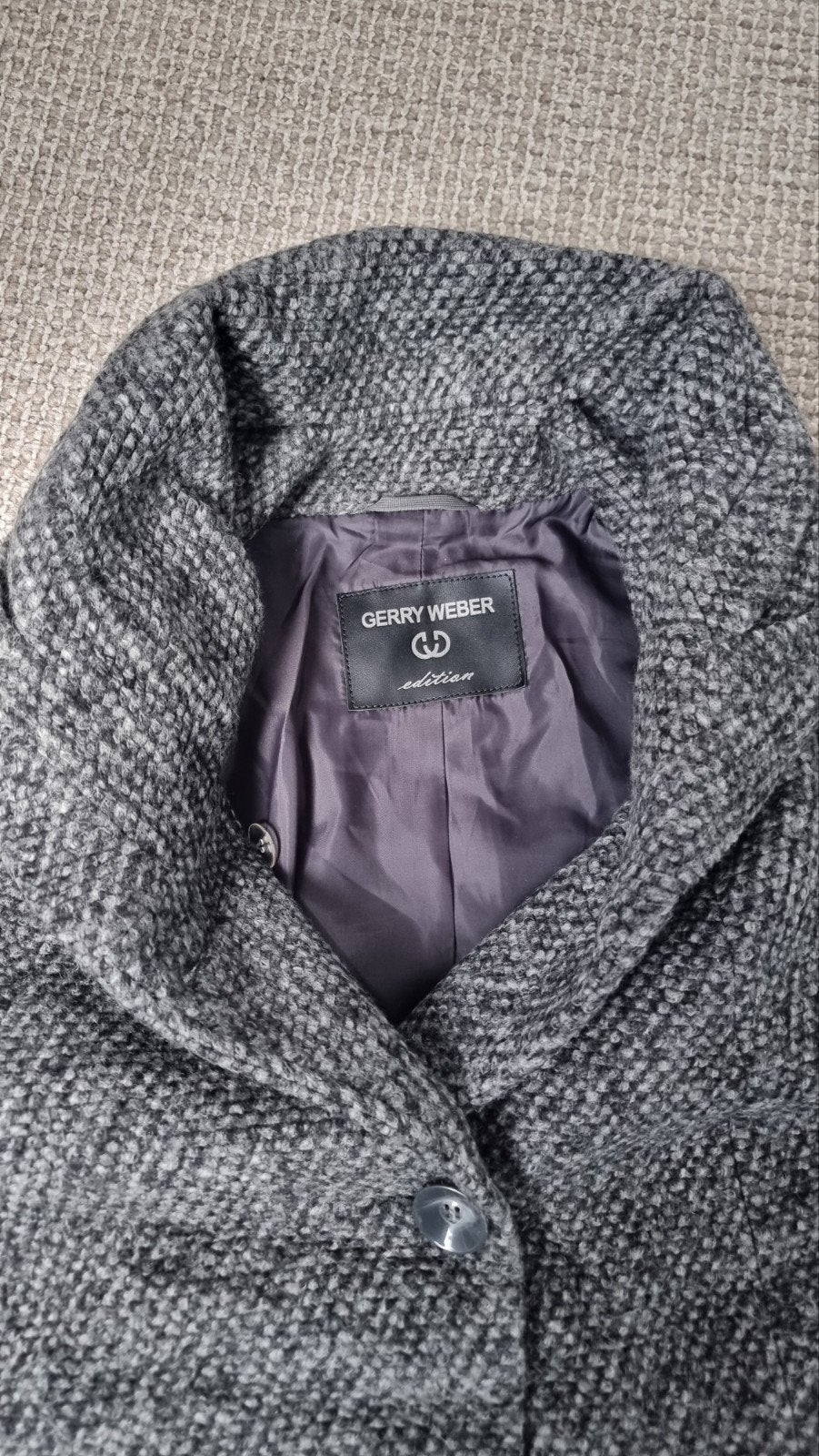 Gerry Weber gevoerde jas met rolkraag en lichte A-lijn, Ophalen of Verzenden, Grijs, Gedragen, Maat 46/48 (XL) of groter