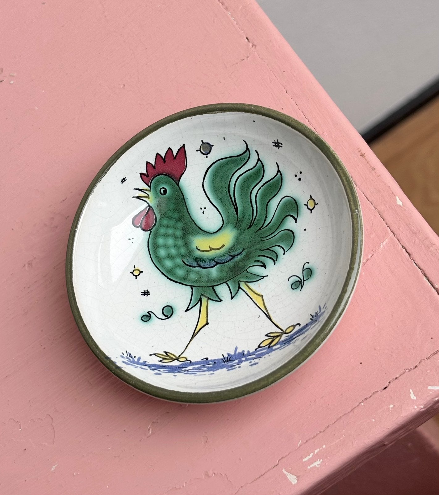 Vintage Handgeschilderde Keramische Haan Schotel, Ophalen of Verzenden