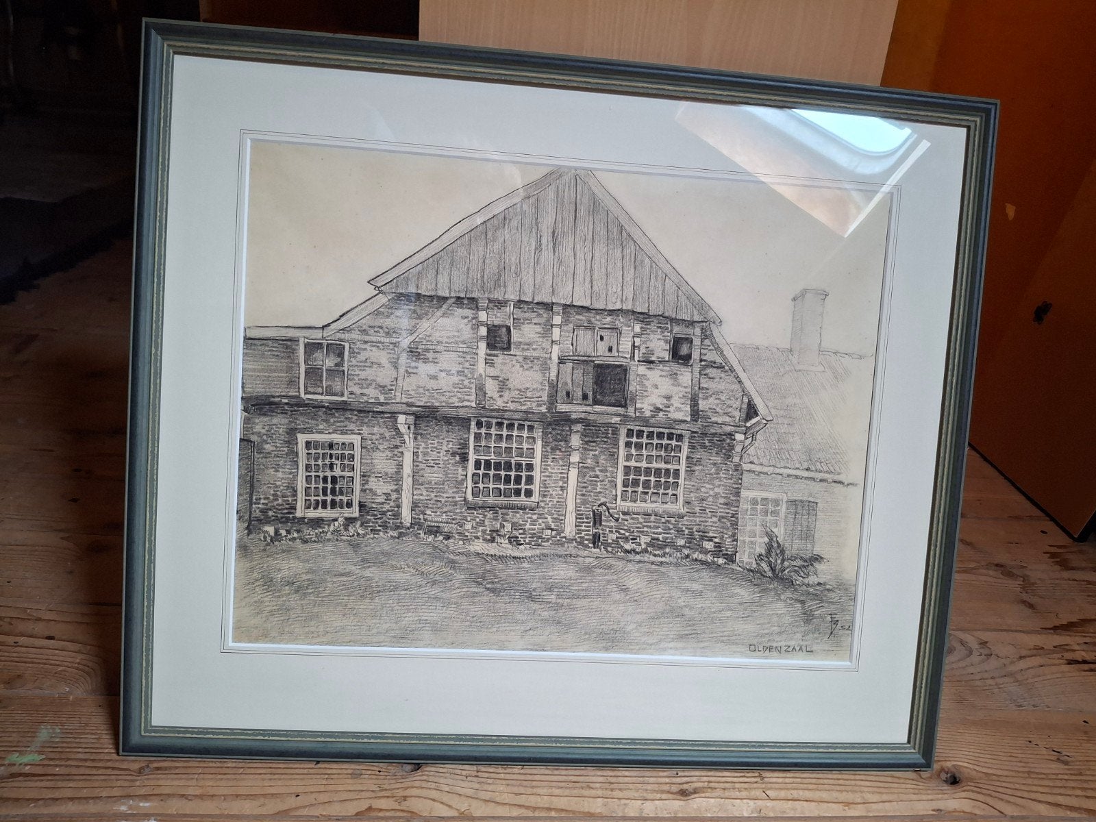 Oude boerderij tekening - Ingelijst, Ophalen, Tekening, Pentekening, Achter glas