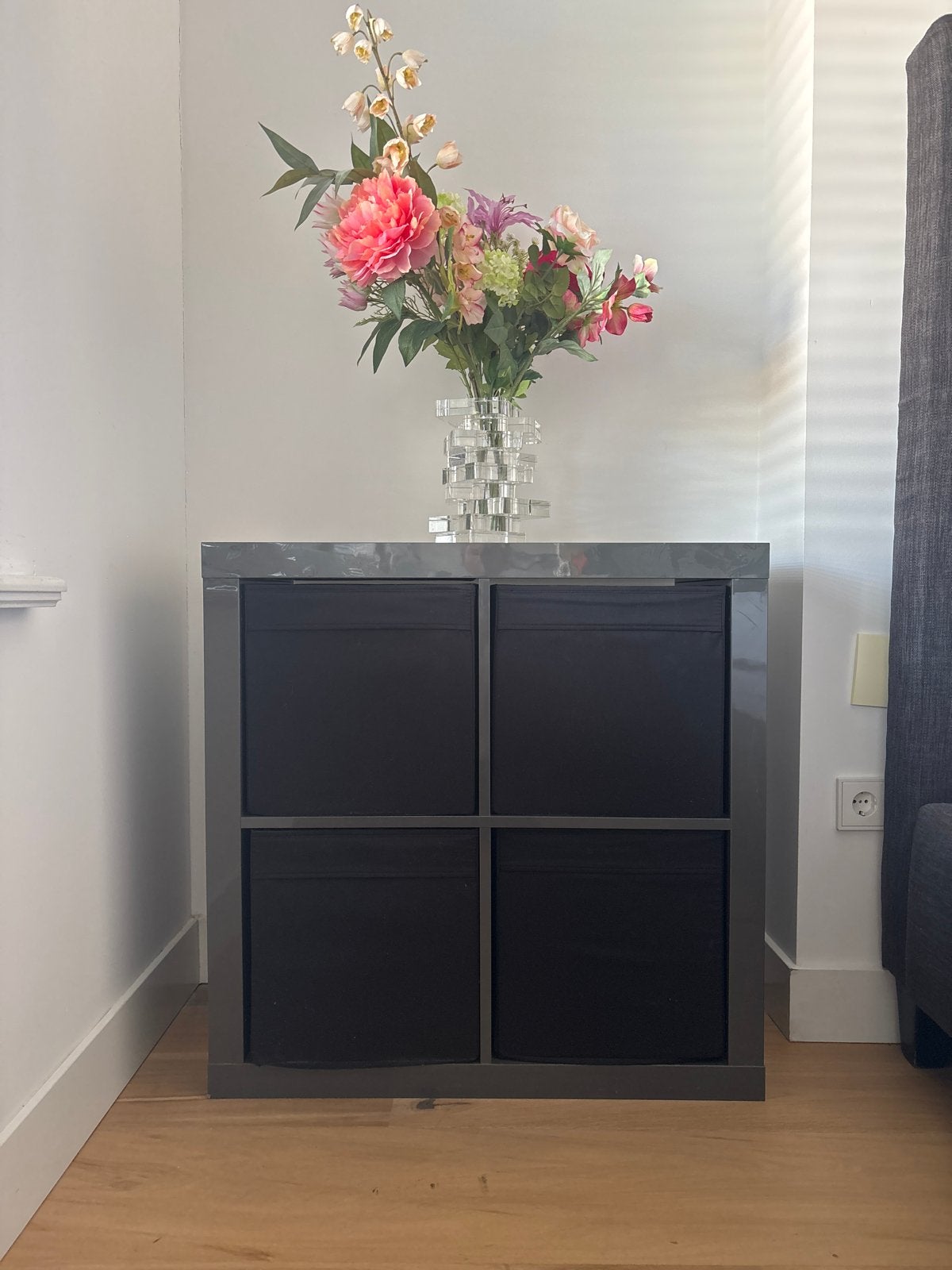 IKEA Kallax Kast met 4 Vakken en Zwarte Opbergboxen, Huis en Inrichting, Ophalen, Gebruikt