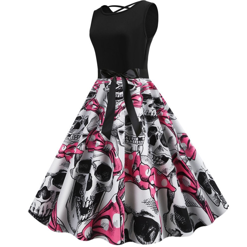 Zwarte roze skulls jurk (doodskop vintage 34 36 38 40 42), Kleding | Dames, Maat 38/40 (M), Nieuw, Knielengte, Meerkleurig
