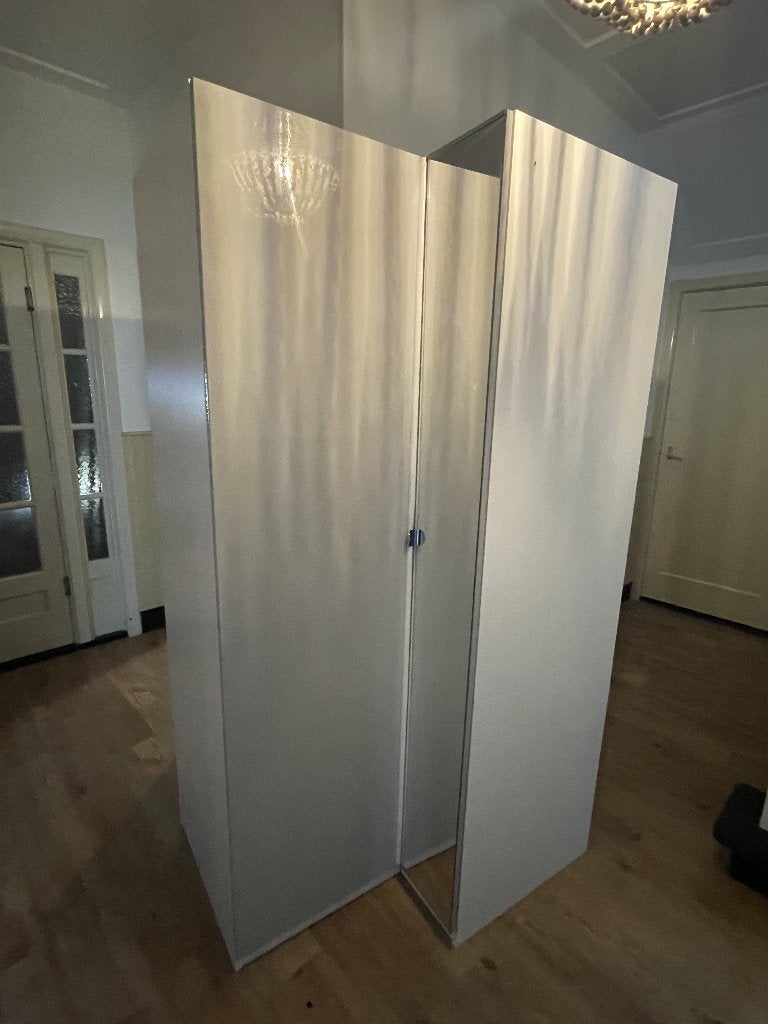 Ikea PAX hoekkast wit hooglans met spiegeldeur 201 cm, Ophalen, Met deur(en), Gebruikt, 100 tot 150 cm