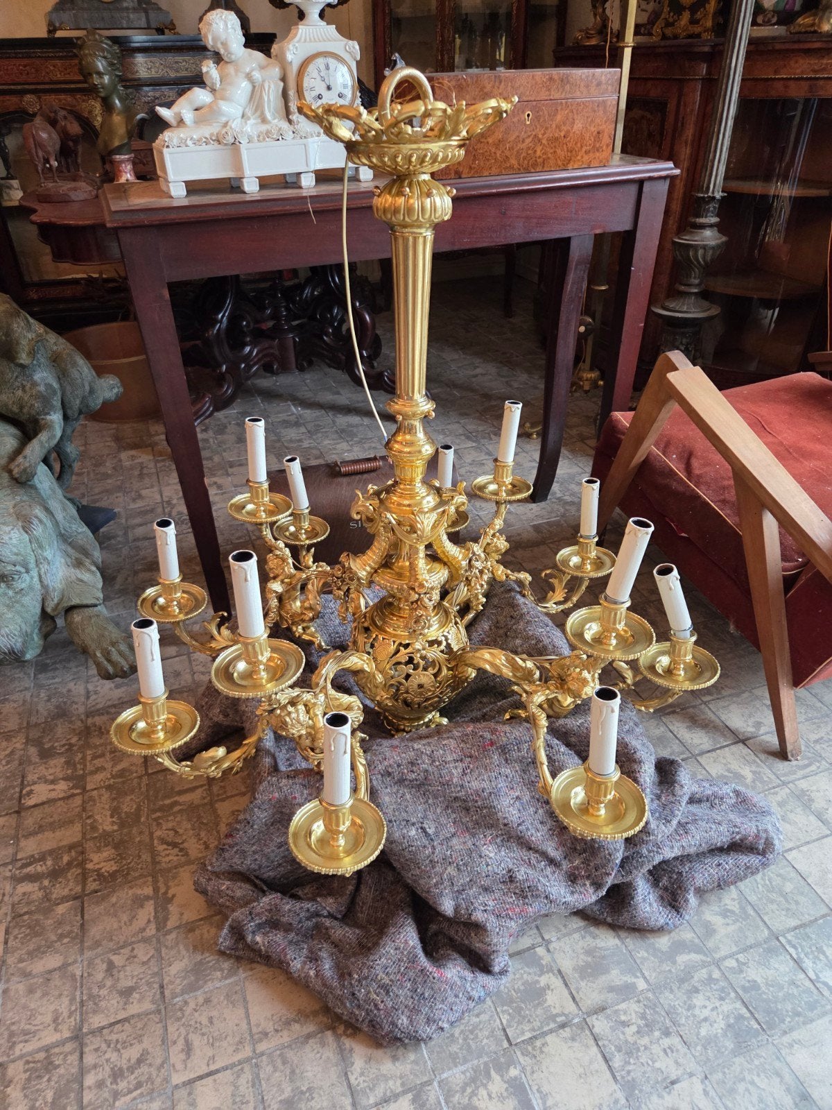 grote bronzen antieke geheel gerestaureerde luster lamp, Antiek en Kunst, Ophalen