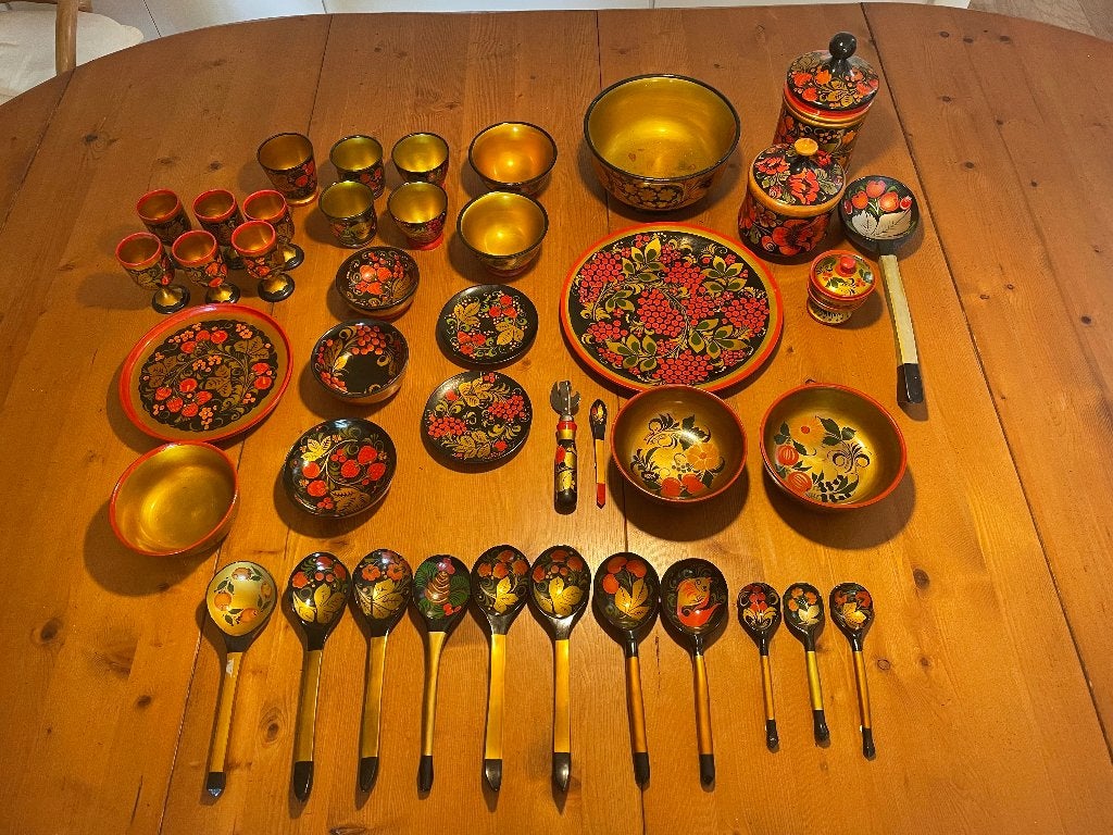 Vintage Russische Chochloma houten lepels en bakjes, Ophalen of Verzenden