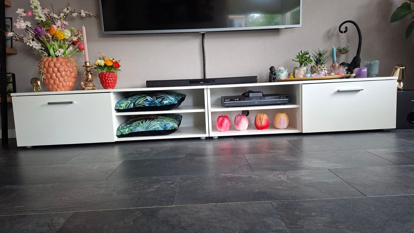Modern wit tv-meubel met opbergruimte, Ophalen, Gebruikt, 200 cm of meer, Minder dan 100 cm