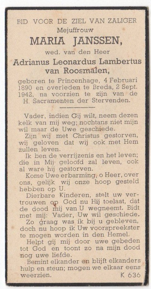 Maria Janssen 1890 Princenhage + 1942 Breda, 52 jaar oud, Verzenden