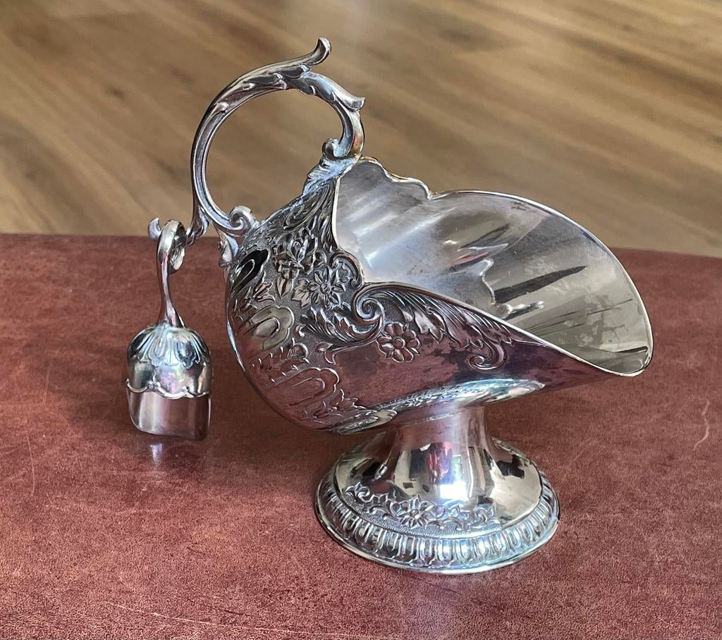Verzilverde suikerpot kolenkit met schepje, Ophalen of Verzenden, Zilver