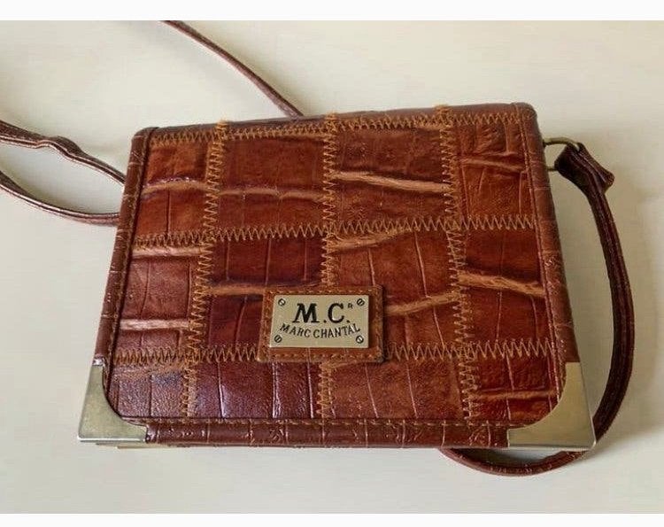 Leren design schoudertasje- M.C.Marc Chantal afm. 18-15cm, Ophalen of Verzenden, Zo goed als nieuw, Bruin, Schoudertasje