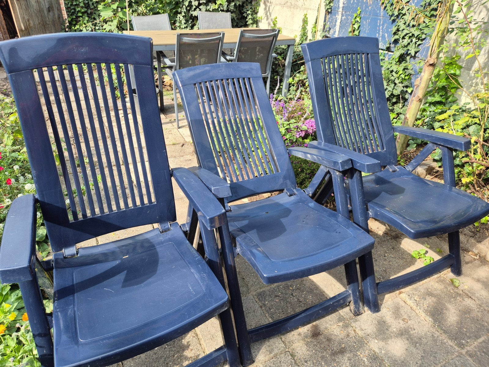 3x Donkerblauwe verstelbare tuinstoelen  van Jardin, Ophalen, Gebruikt, Plastic, Verstelbaar