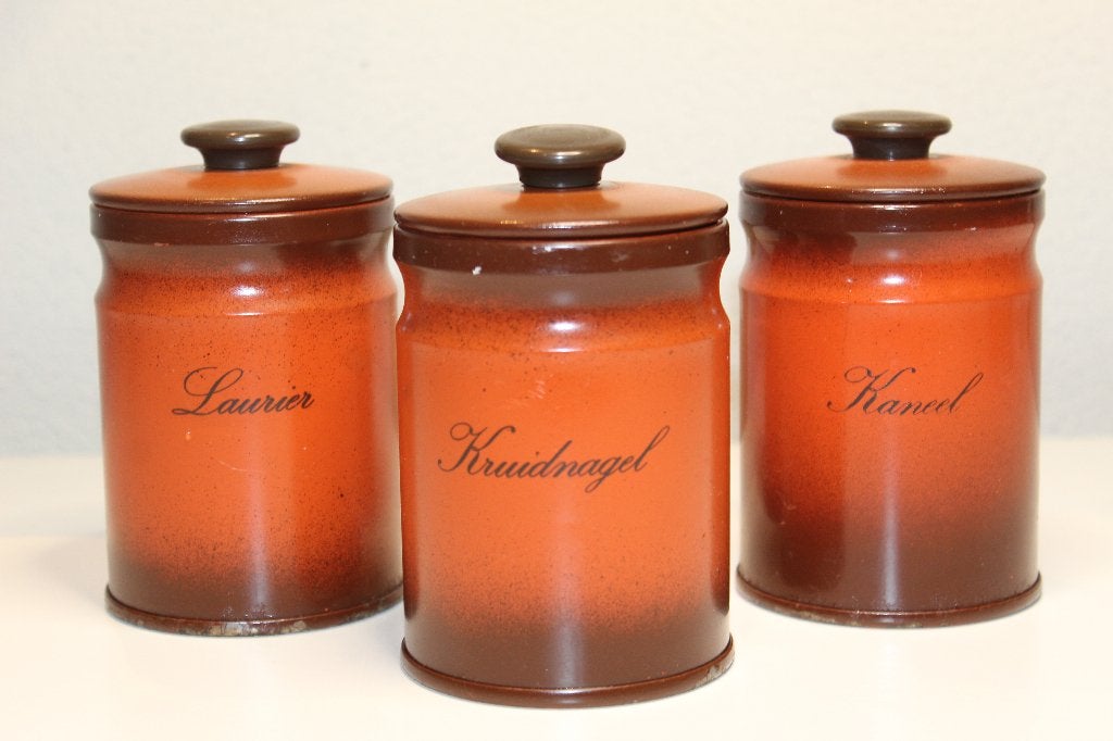 Brabantia 3 kruidenpotten , blikken - Retro keuken blik, Huis en Inrichting, Keuken | Potten en Pannen, Ophalen of Verzenden, Gebruikt