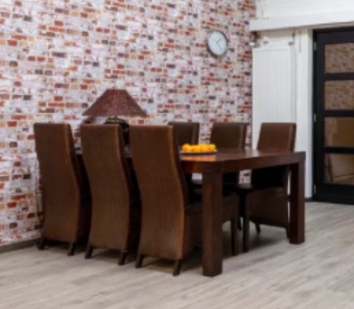 Eettafel donker hout met 6 stoelen bruin leer - rotan, Huis en Inrichting, Ophalen, 50 tot 100 cm, Zo goed als nieuw, Vijf personen of meer