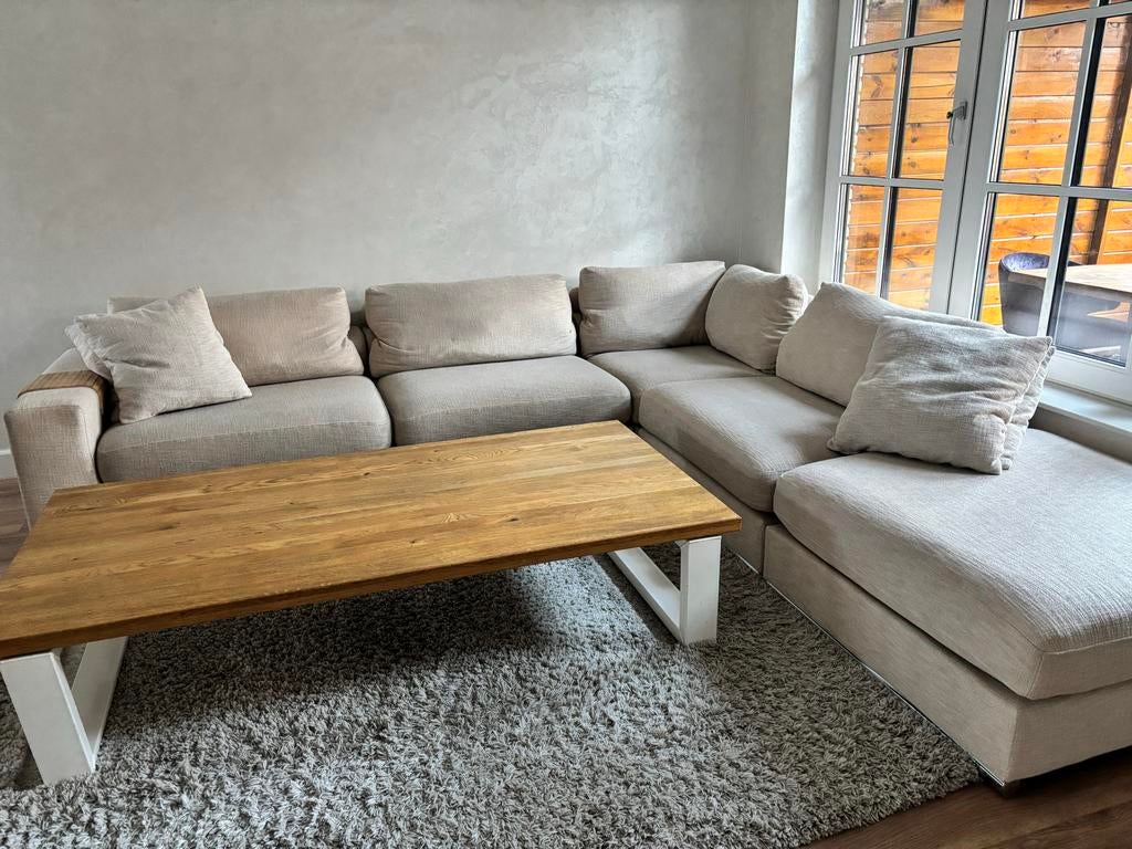 Robuuste houten salontafel met wit onderstel, Gebruikt, 150 tot 200 cm, Minder dan 50 cm, Rechthoekig