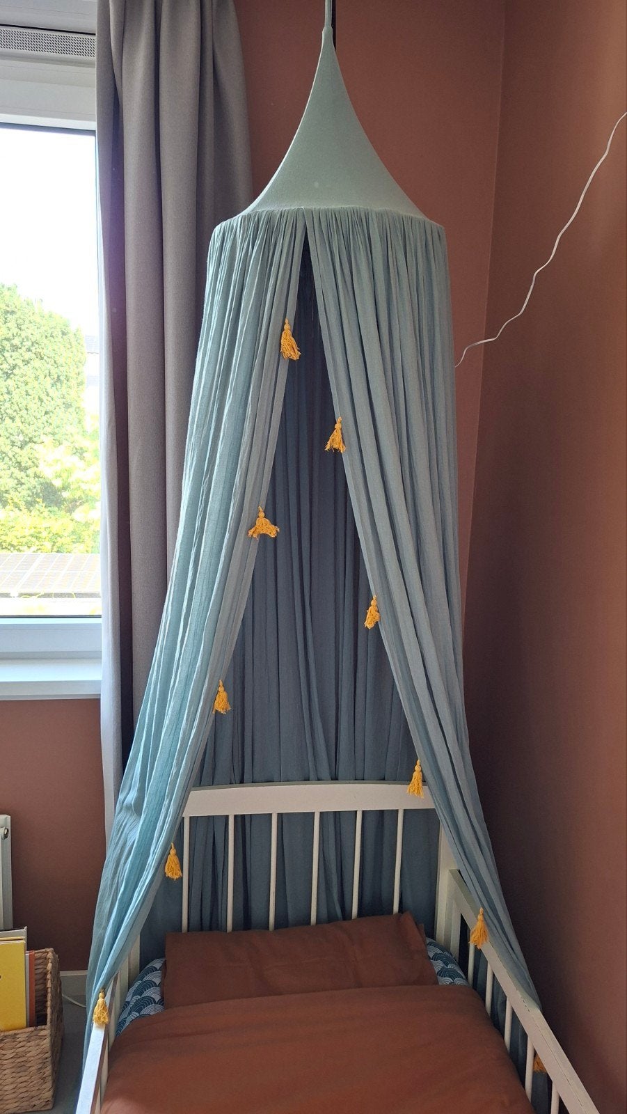 Hemelbed/klamboe voor kinderbed - mintgroen met kwastjes, Ophalen of Verzenden, Zo goed als nieuw, 160 tot 180 cm, 70 tot 85 cm