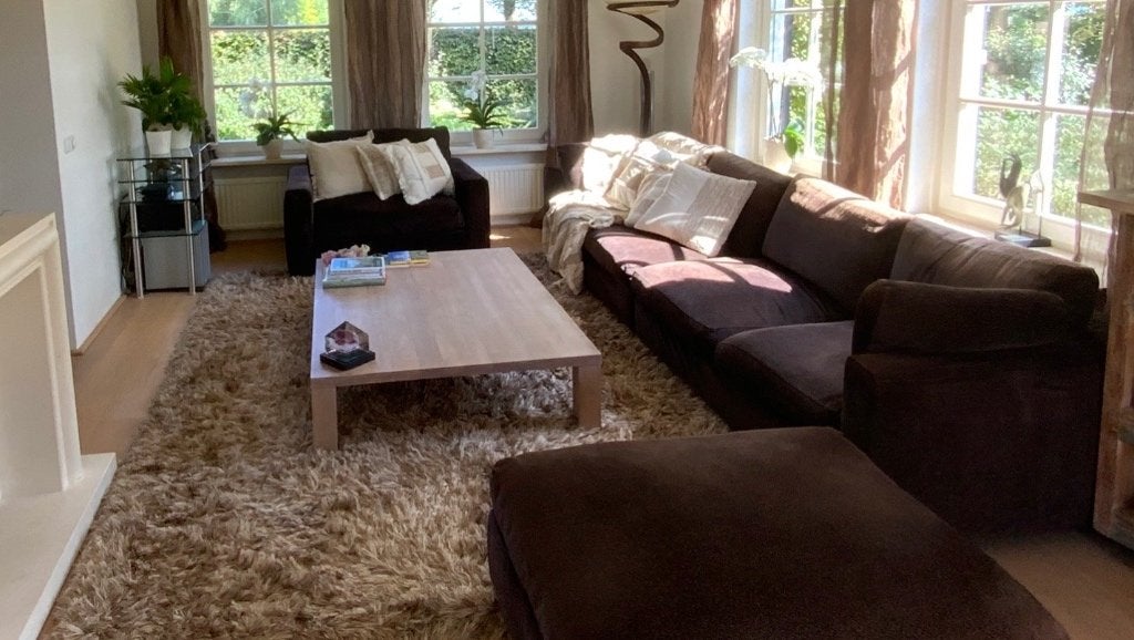Linteloo royale 4-zitsbank (3,50 mtr)met bruine Minotti stof, Ophalen, Gebruikt, 100 tot 125 cm, 300 cm of meer