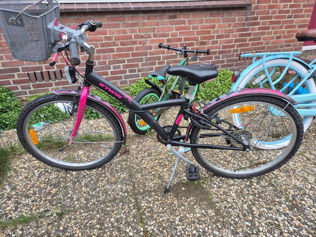 Meisjesfiets B'Twin - Zwart/Roze met mandje, Gebruikt, Handrem, 20 inch, Ophalen