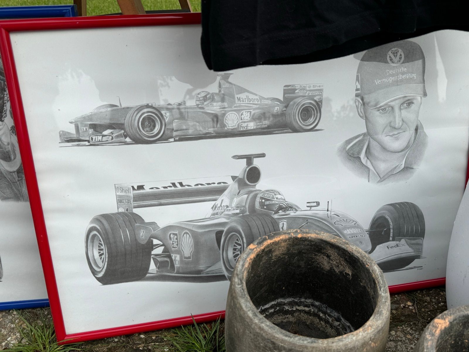 Ingelijste tekening Michael Schumacher en Formule 1 auto, Ophalen, Tekening, Potloodtekening, Ingelijst