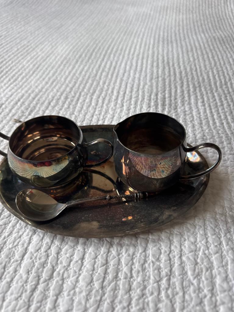 Vintage Verzilverd Roomstelletje met Dienblad en Lepel, Antiek en Kunst, Antiek | Goud en Zilver, Ophalen of Verzenden