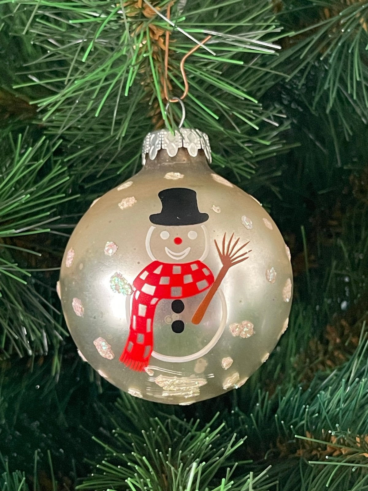 Vintage glazen kerstbal met sneeuwpop, Ophalen of Verzenden, Gebruikt