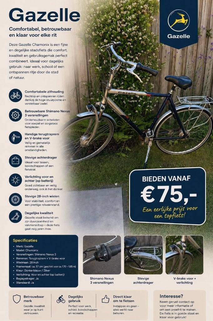 Nette Gazelle Chamonix stadsfiets, Ophalen, Terugtraprem, Versnellingen, Zo goed als nieuw