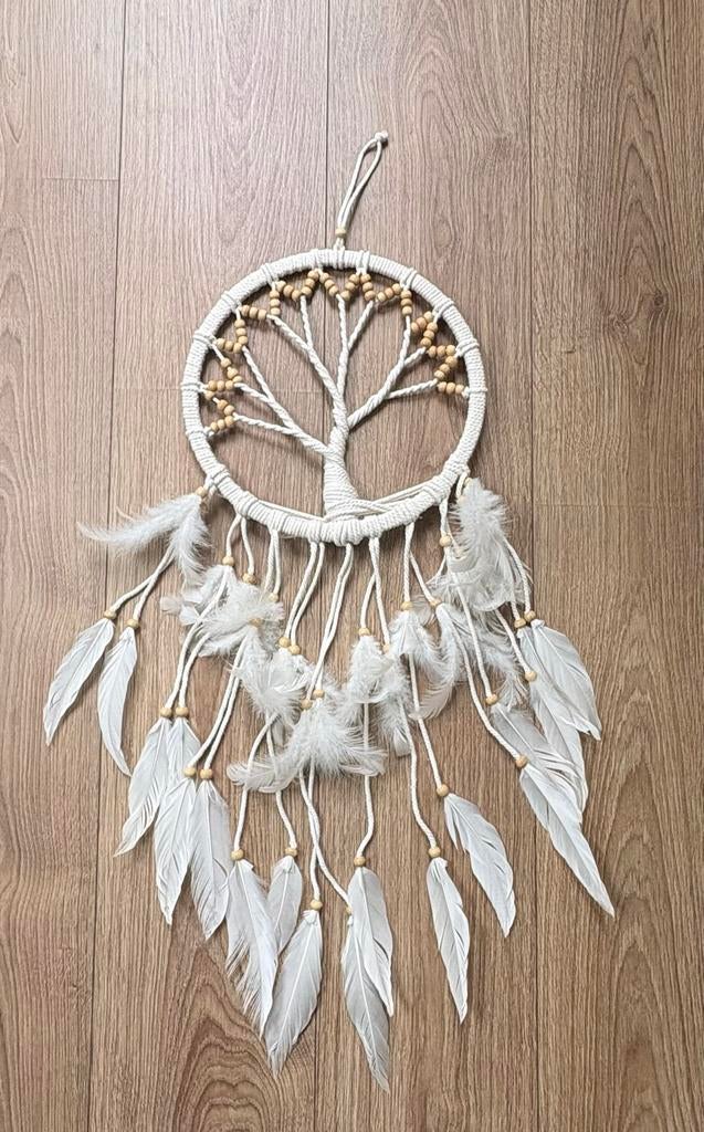 Dromenvanger 'Levensboom' met veren en houten kralen, Huis en Inrichting, Woonaccessoires | Overige, Ophalen, Boho, Zo goed als nieuw