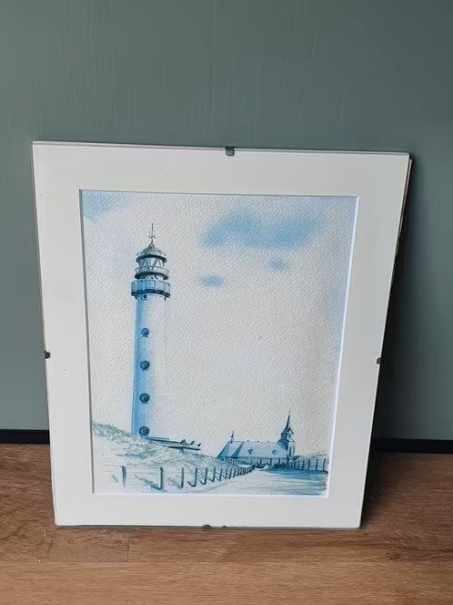 Orig aquarel Ad. M. Oudes Egmond aan Zee vuurtoren, Ophalen