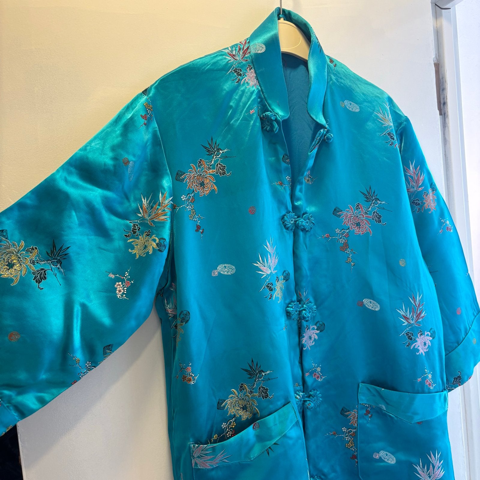 Vintage zijden kimono jasje met bloemenprint, Blauw, Maat 42/44 (L), Ophalen of Verzenden, Zo goed als nieuw