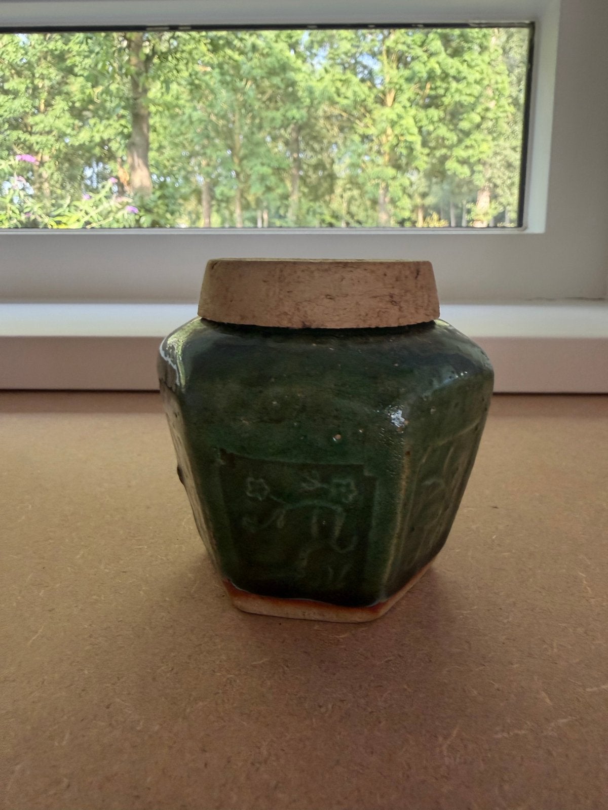 Antieke groene aardewerken gemberpot met origineel deksel, Ophalen of Verzenden